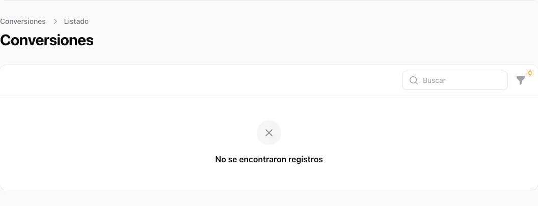 Conversiones: lista vacía — AffiliateCore DEMO, 2026-10-09