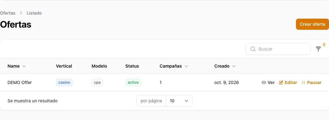Ofertas: registro de demostración — AffiliateCore DEMO, 2026-10-09