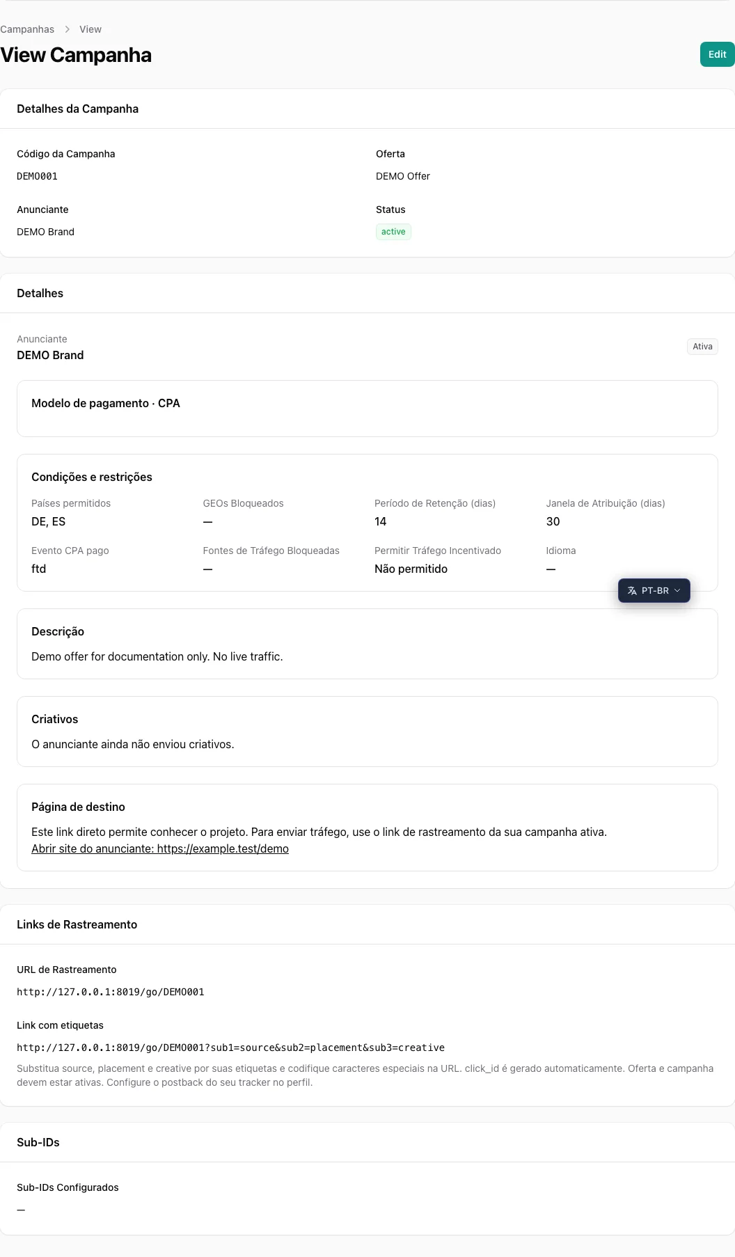 Campanha: materiais e link de rastreamento — AffiliateCore DEMO, 2026-10-09