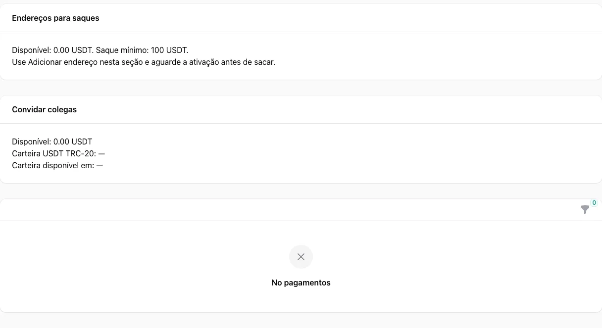 Pagamentos: seção de endereços, saldos e histórico — AffiliateCore DEMO, 2026-10-09